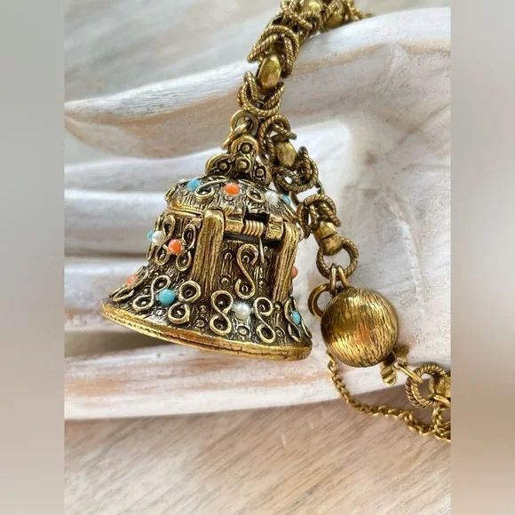 Vintage 60s Warm Gold Tone Antiqued Brass Bell
Locket Bracelet Etruscan Revival - Picture 6 of 7